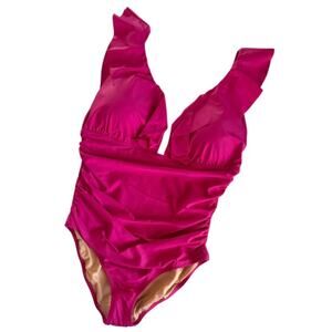 J.Crew Radiant Fuchsia Pink Ruched Ruffle One Piece Swimsuit Women's Size 16 NWT